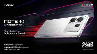 The Infinix NOTE 40 Racing Edition in silver with a 3D curved 120Hz AMOLED display, set against a background that emphasizes the racing-inspired design. The phone's design elements capture the essence of speed and high-performance engineering