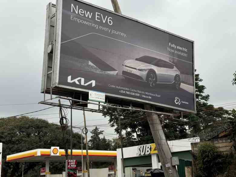 Billboard in Nairobi promoting the KIA EV6 electric car, signaling growing interest in electric cars in Kenya