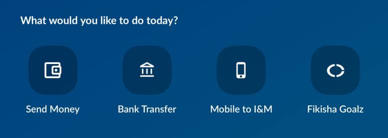 Screenshot of the I&M Bank app showing the main transaction options, including 'Send Money,' 'Bank Transfer,' 'Mobile to I&M,' and 'Fikisha Goalz,' on a blue background.