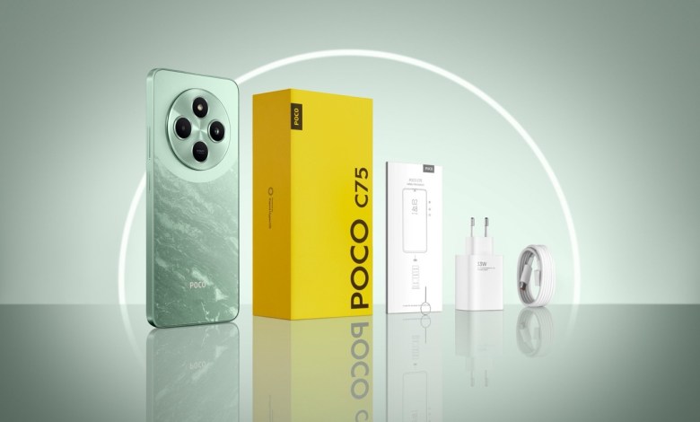 An image of the POCO C75 smartphone, featuring a sleek 6.88-inch display with a 120Hz refresh rate. The phone has a slim 8.22mm profile and a centrally placed circular camera module on the back, inspired by natural textures, available in Green, Gold, and Black colors. The back camera setup includes a 50MP AI dual camera, and the front has a 13MP selfie camera with a Night Mode and soft light ring for well-lit selfies. The side-mounted fingerprint sensor and 3.5mm headphone jack are also visible, emphasizing the device’s stylish and practical design.