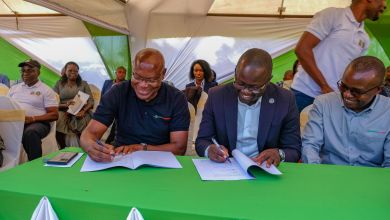 Safaricom Foundation launches a KES 120M Wezesha Agri program in Busia to empower 5,000 youth through agribusiness and ecopreneurship. Safaricom Foundation Chairman Joseph Ogutu and Lake Basin Development Authority Managing Director Wycliffe Ochianga sign an MOU establishing the Wezesha Agri Project. Looking on is Henry Kilonzo (right), Senior Manager of Programmes, Safaricom and M-Pesa Foundations