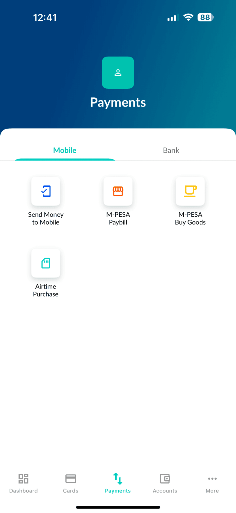 Screenshot of the I&M Bank app under the 'Payments' tab, displaying mobile payment options: 'Send Money to Mobile,' 'M-PESA Paybill,' 'M-PESA Buy Goods,' and 'Airtime Purchase,' with a green-and-blue gradient background.